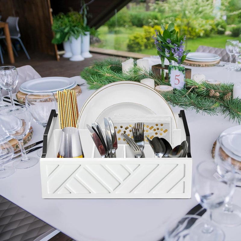 Ukonvi Paper Plate Dispenser and Holder for Kitchen Counter, Wood Rustic Silverware Utensil Caddy, Cutlery Flatware Organizer Box for Cups Spoons Forks Napkins, Kitchen Accessories (White) - Image 2